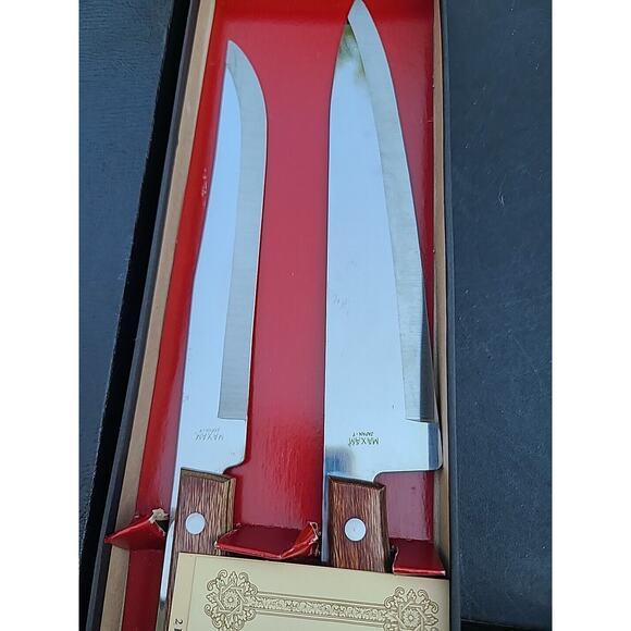 Vintage MAXAM 2 Pc Fine Stainless Steel Knife Set Chef's Wood Handle - Picture 2 of 8